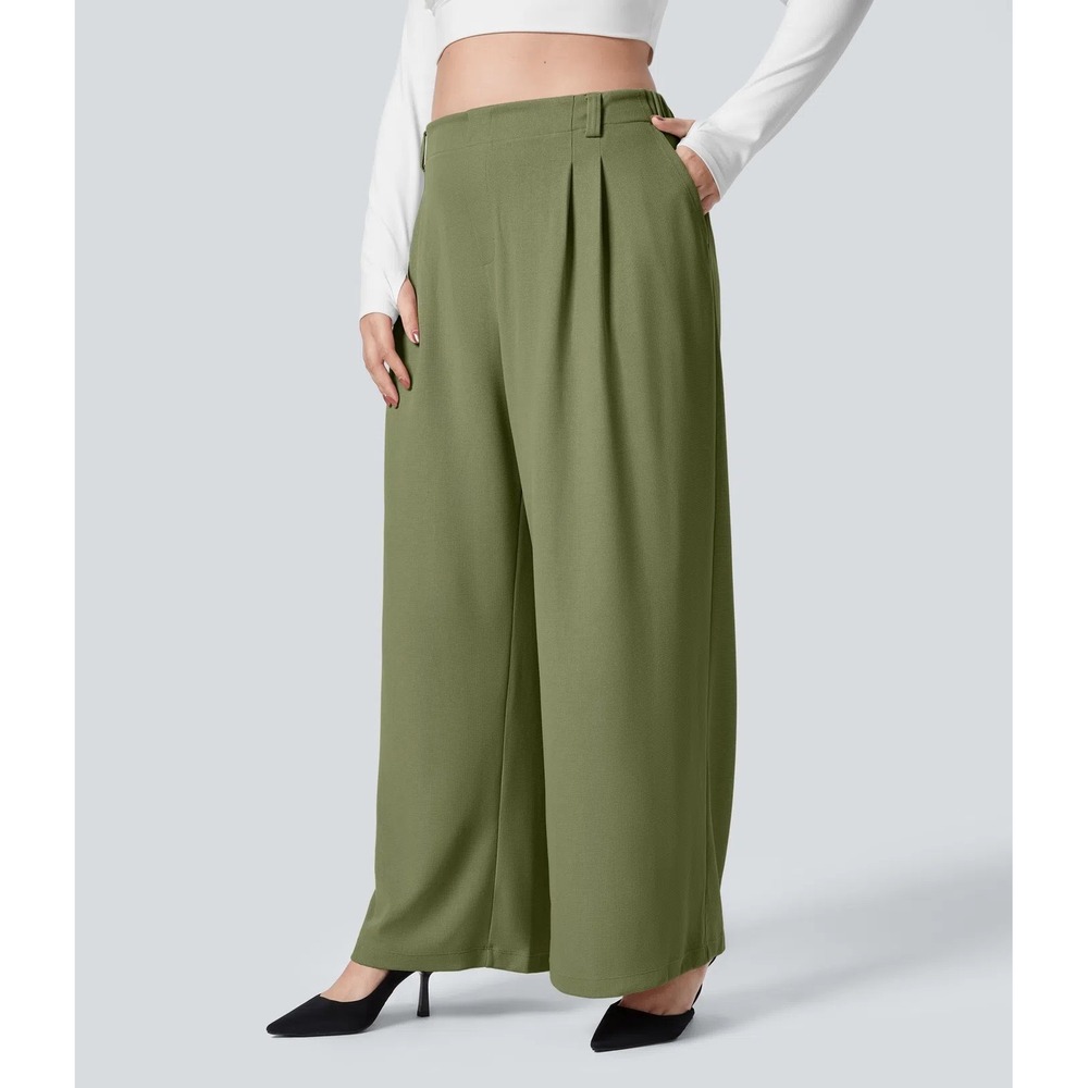 Halara Flex Waffle Trousers Green 3X Regular Wide Leg High Waisted Work NWT